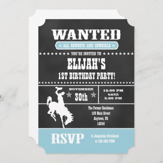 Powder Blue Chalkboard Cowboy Birthday Uitnodiging (Voorkant / Achterkant)