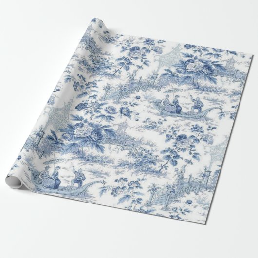 Powder Blue Chinoiserie Toile Cadeaupapier (Uitgerold)