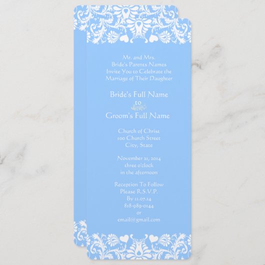 Powder Blue Damask Wedding Invitation Kaart (Voorkant / Achterkant)