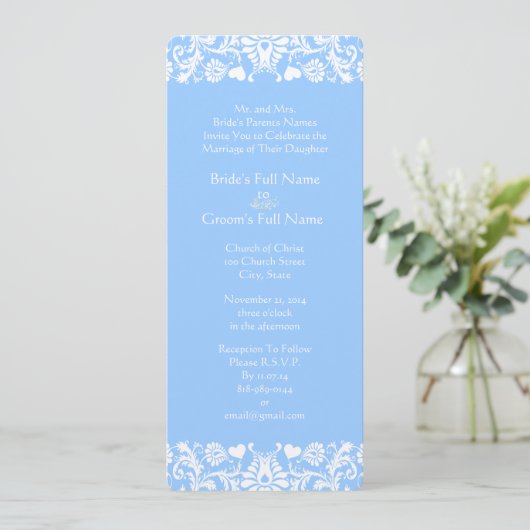 Powder Blue Damask Wedding Invitation Kaart (Staand voorkant)