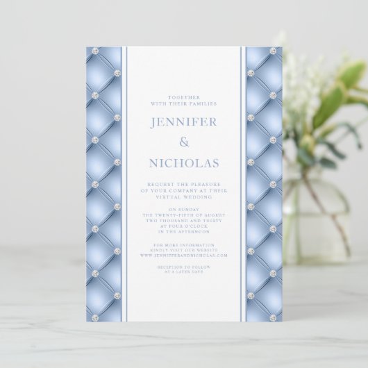 Powder Blue Diamond Tufted Virtual Wedding Invitat Kaart (Staand voorkant)