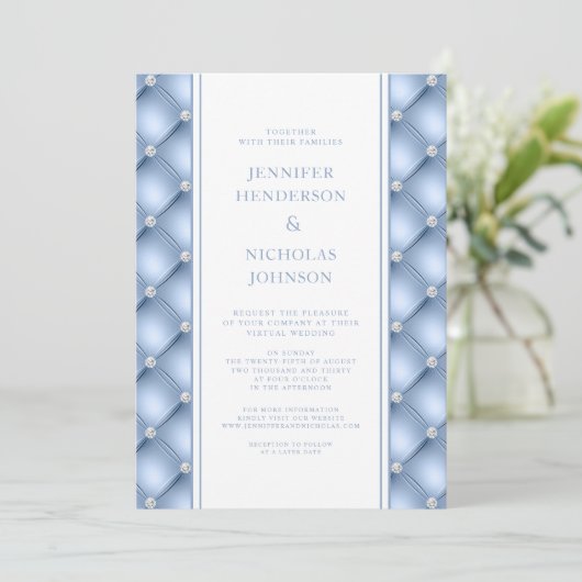 Powder Blue Diamond Tufted Virtual Wedding Invitat Kaart (Staand voorkant)