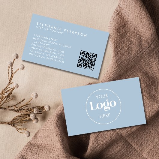 Powder Blue Elegant Custom Company Logo QR Code Visitekaartje