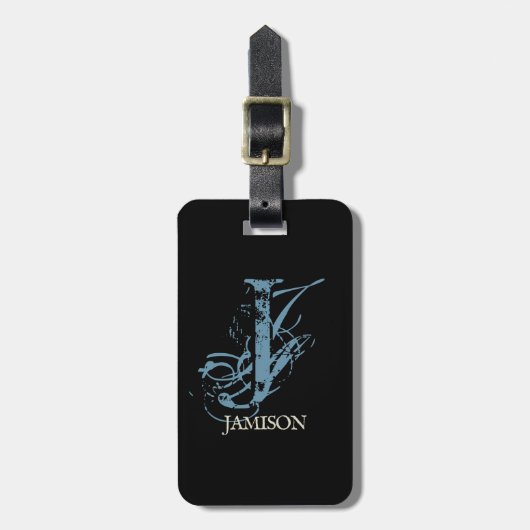 Powder Blue en Black Chic Artsy Monogram Naam Bagagelabel (Voorkant verticaal)