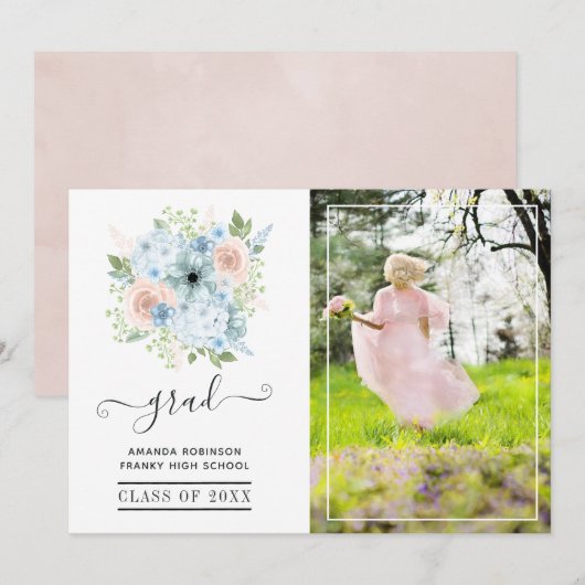 Powder Blue en Blush Pink Floral Afstuderen Foto Aankondiging (Voorkant / Achterkant)