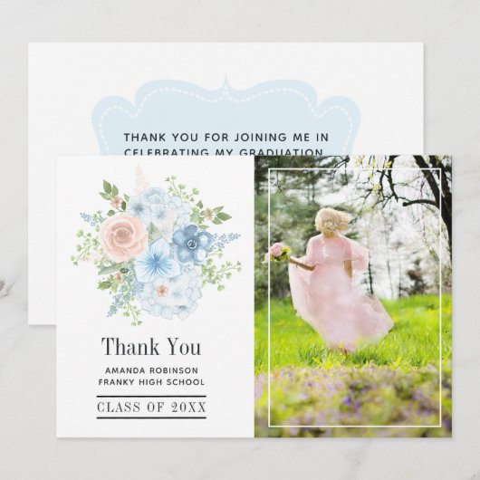Powder Blue en Blush Pink Floral Afstuderen Foto Bedankkaart (Voorkant / Achterkant)