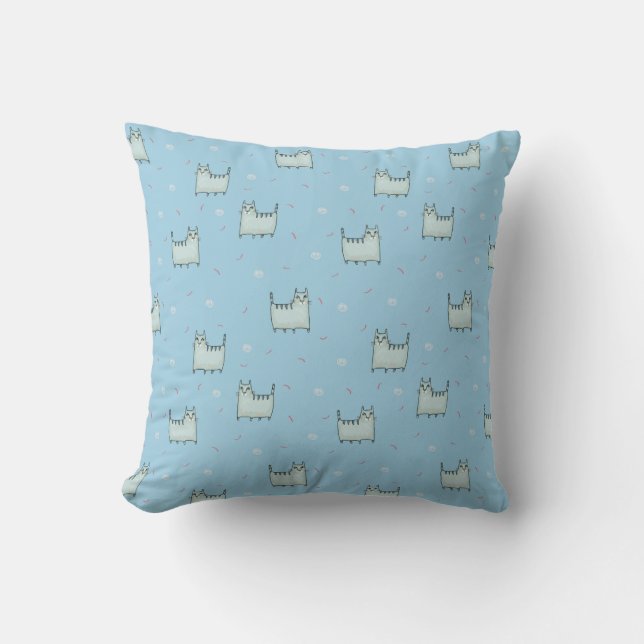 Powder Blue en Grey Whimsical Cats Pattern Kussen (Voorkant)