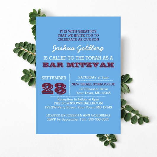 Powder Blue en Maroon Naam Logo Bar Mitzvah Kaart