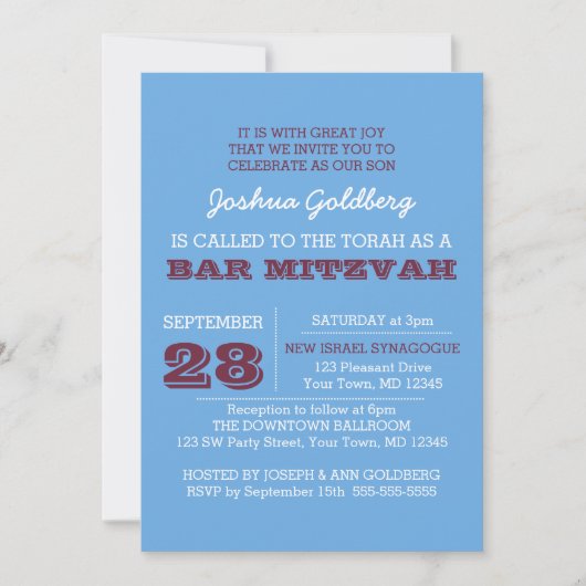 Powder Blue en Maroon Naam Logo Bar Mitzvah Kaart (Voorkant)