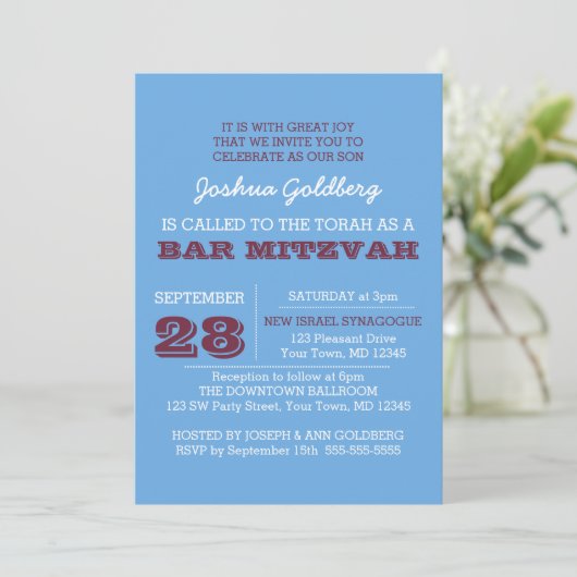 Powder Blue en Maroon Naam Logo Bar Mitzvah Kaart (Staand voorkant)