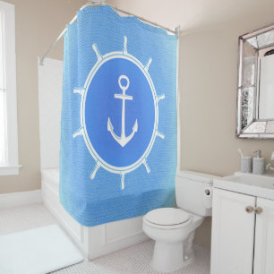 Powder Blue en White nautical anchor and wheels Douchegordijn
