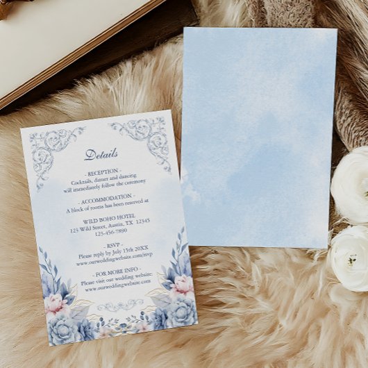 Powder Blue Floral Wedding Details Informatiekaartje