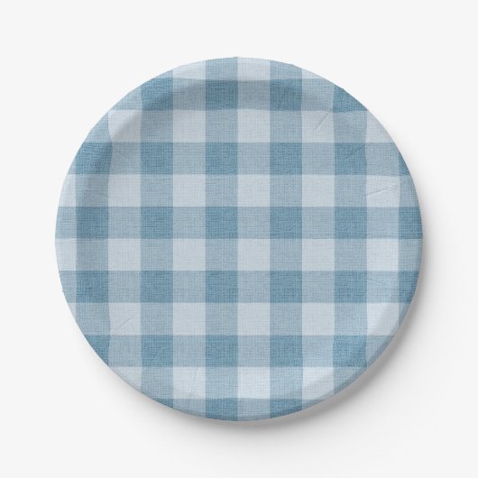 Powder Blue Gingham Buffalo Check Linen Texture Papieren Bordje (Voorkant)