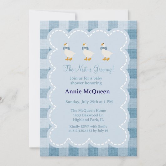 Powder Blue Gingham Goose Baby Shower Invitation Kaart (Voorkant)