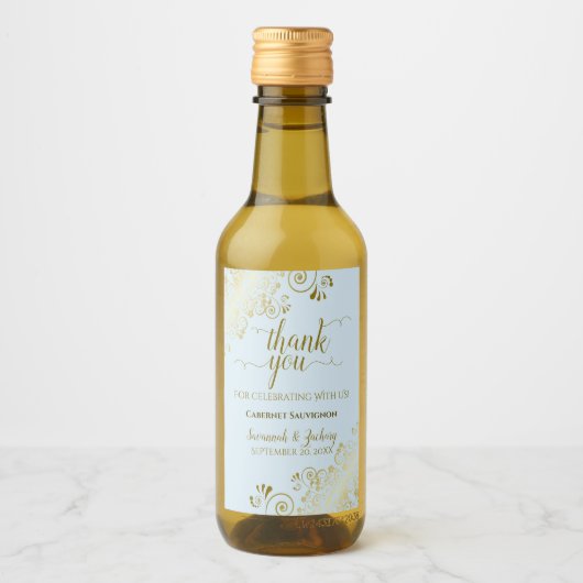 Powder Blue & Gold Lace Weddenschap Hartelijk dank Wijn Etiket (Voorkant)