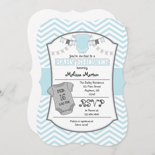 Powder Blue Gray Chevron Baby shower Uitnodiging (Voorkant / Achterkant)