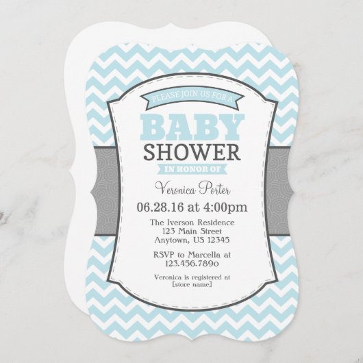 Powder Blue Gray Chevron Baby shower Uitnodiging (Voorkant / Achterkant)