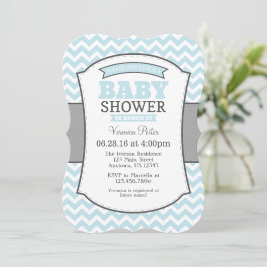 Powder Blue Gray Chevron Baby shower Uitnodiging (Staand voorkant)