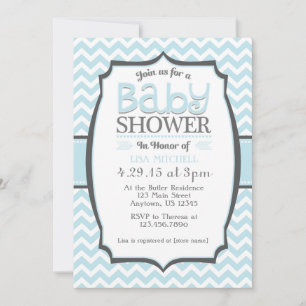 Powder Blue Grey Chevron Baby shower Invitation Kaart