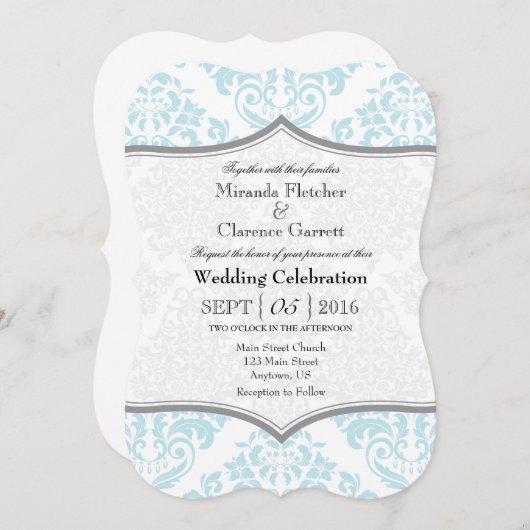 Powder Blue Grey Damask Bracket Weddenschap Invite Kaart (Voorkant / Achterkant)