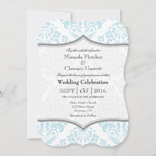 Powder Blue Grey Damask Bracket Weddenschap Invite Kaart (Voorkant)