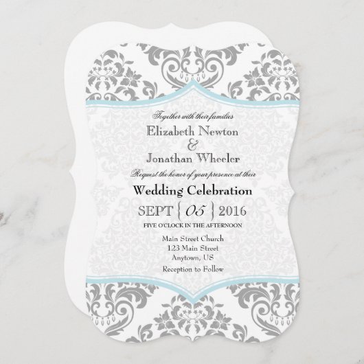 Powder Blue Grey Damask Bracket Weddenschap Invite Kaart (Voorkant / Achterkant)