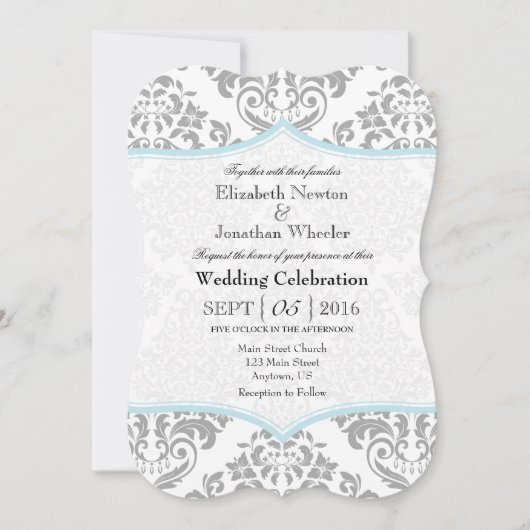 Powder Blue Grey Damask Bracket Weddenschap Invite Kaart (Voorkant)