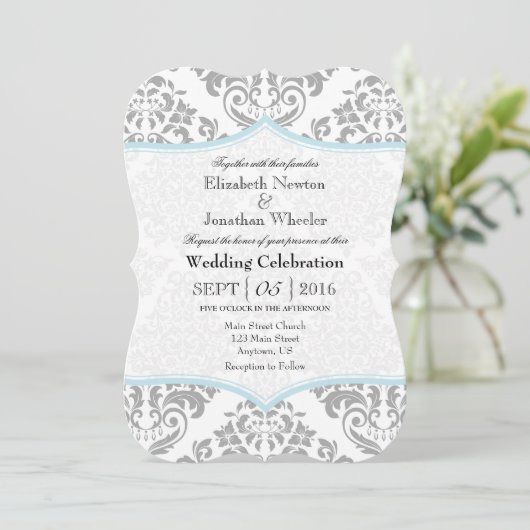 Powder Blue Grey Damask Bracket Weddenschap Invite Kaart (Staand voorkant)