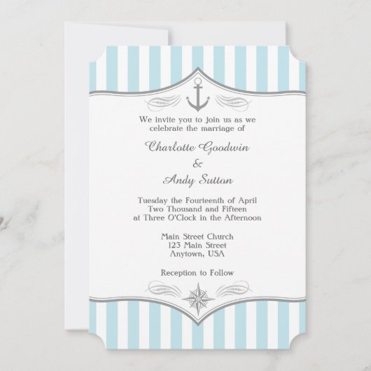 Powder Blue Grey Nautical Wedding Invitation Kaart (Voorkant)