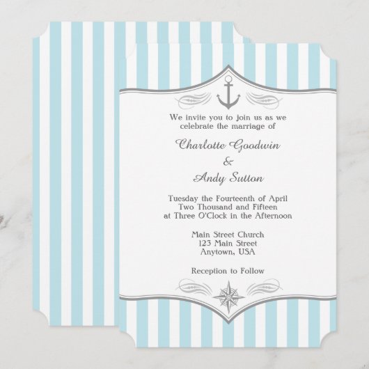 Powder Blue Grey Nautical Wedding Invitation Kaart (Voorkant / Achterkant)
