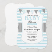 Powder Blue Grey Stripes Baby shower Invitation Kaart (Voorkant / Achterkant)