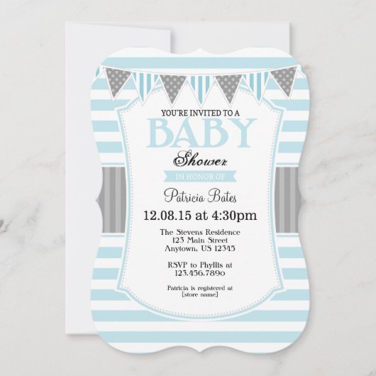 Powder Blue Grey Stripes Baby shower Invitation Kaart (Voorkant)