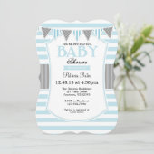 Powder Blue Grey Stripes Baby shower Invitation Kaart (Staand voorkant)