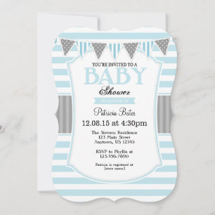 Powder Blue Grey Stripes Baby shower Invitation Kaart
