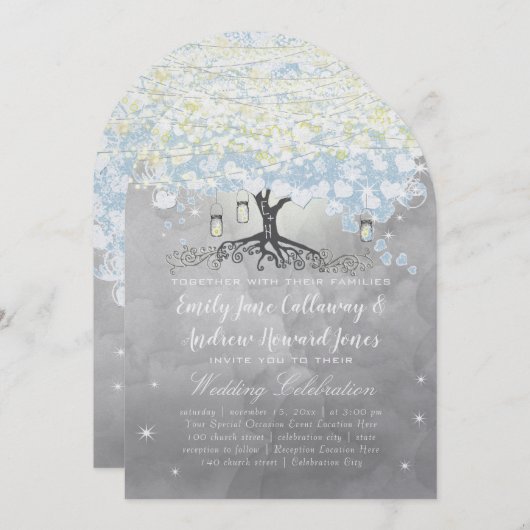 Powder Blue Heart Leaf Tree Woodsy Boho Wedding Kaart (Voorkant / Achterkant)