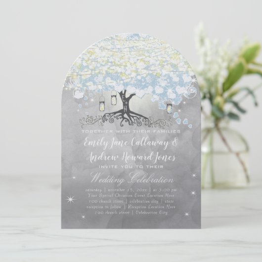 Powder Blue Heart Leaf Tree Woodsy Boho Wedding Kaart (Staand voorkant)