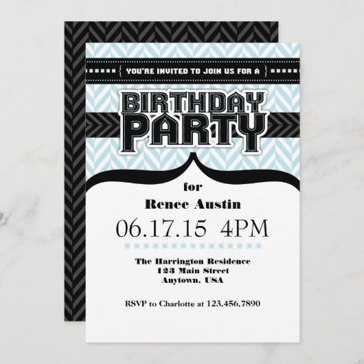 Powder Blue Herringbone Birthday Invite Kaart (Voorkant / Achterkant)