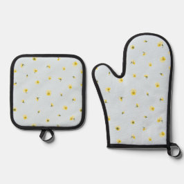 Powder Blue Japanese Yellow Viola Floral Pattern Ovenwant & Pannenlap Set