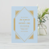 Powder Blue & Metallic Gold Art Deco Wedding Photo Kaart (Staand voorkant)