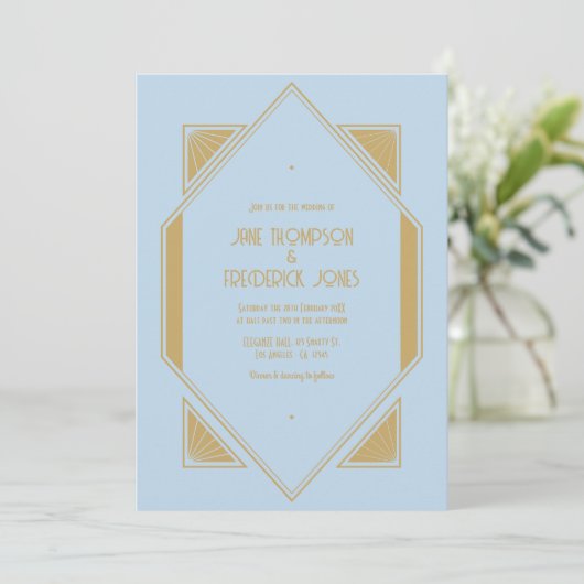 Powder Blue & Metallic Gold Art Deco Wedding Photo Kaart (Staand voorkant)