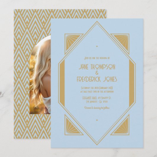 Powder Blue & Metallic Gold Art Deco Wedding Photo Kaart (Voorkant / Achterkant)