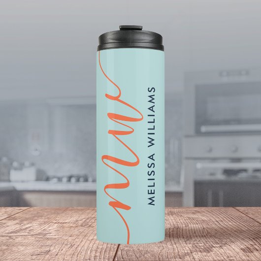 Powder Blue Minimalist Monogram Naam en Initiaal Thermosbeker