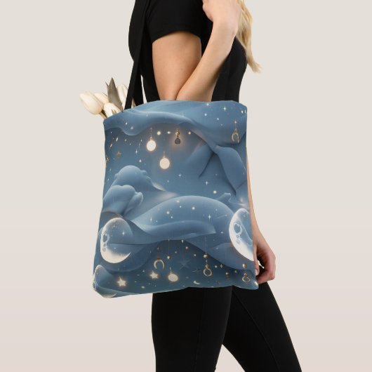 Powder Blue Moon Soft Celestial Aesthetic Tote Bag (Dichtbij)