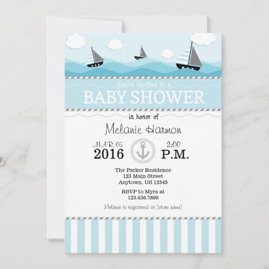 Powder Blue Nautical Baby shower Invitation Kaart (Voorkant)