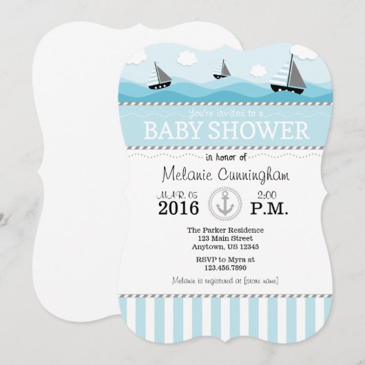 Powder Blue Nautical Baby shower Invitation Kaart (Voorkant / Achterkant)