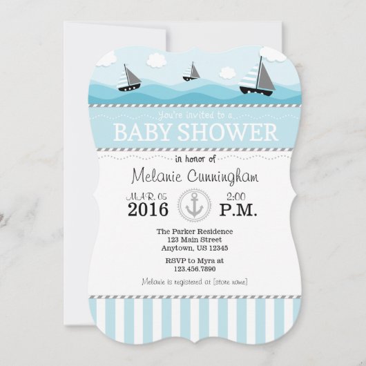 Powder Blue Nautical Baby shower Invitation Kaart (Voorkant)
