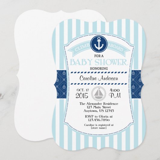 Powder Blue Nautical Baby shower Invitation Kaart (Voorkant / Achterkant)