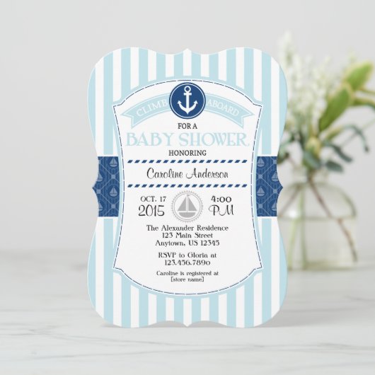 Powder Blue Nautical Baby shower Invitation Kaart (Staand voorkant)