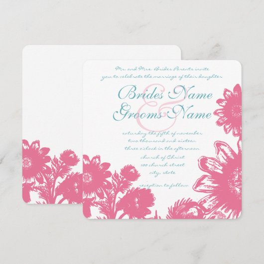Powder Blue & Pink  Floral Wedding Invite Kaart (Voorkant / Achterkant)