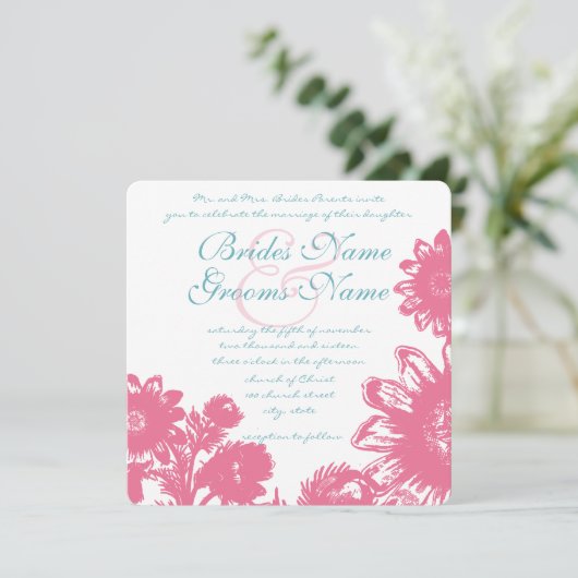 Powder Blue & Pink  Floral Wedding Invite Kaart (Staand voorkant)